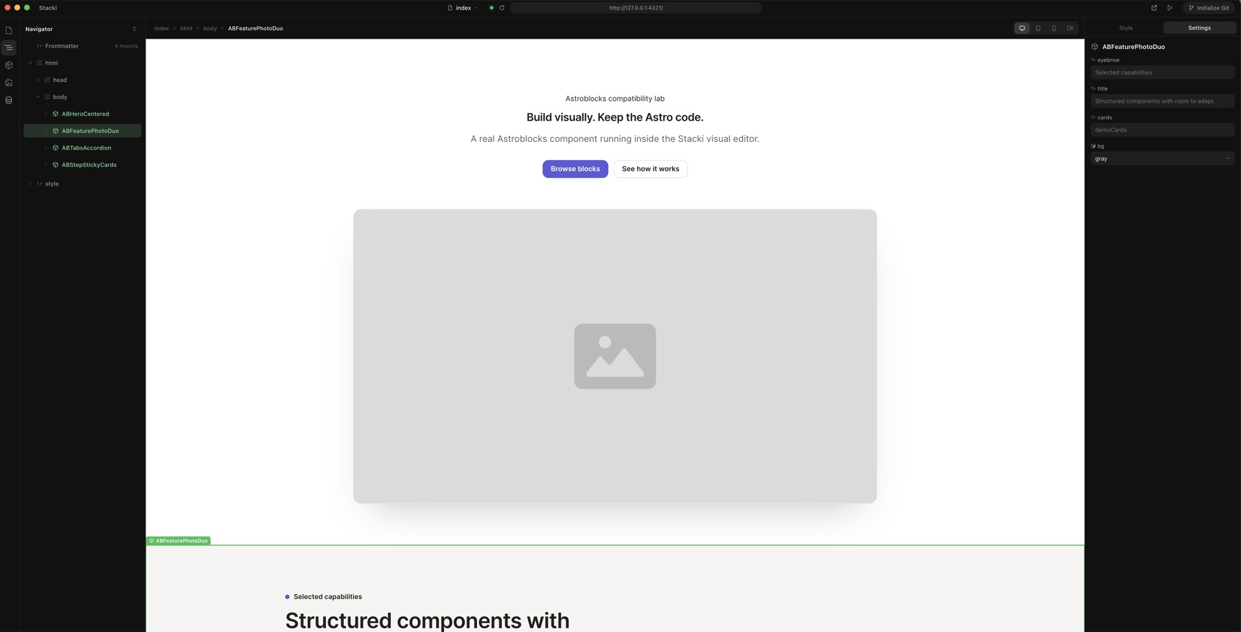 Astroblocks components open in the Stacki visual editor